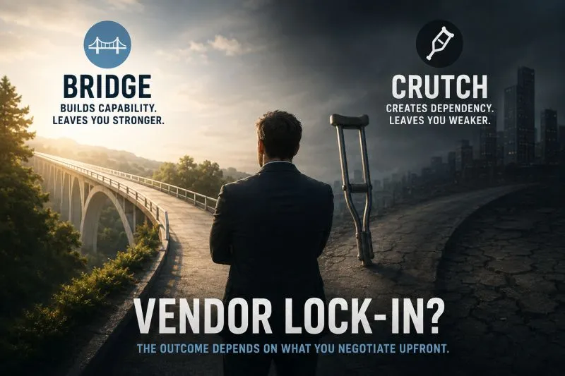 Vendor lock-in: bridge builds capability, crutch creates dependency. The outcome depends on what you negotiate upfront.